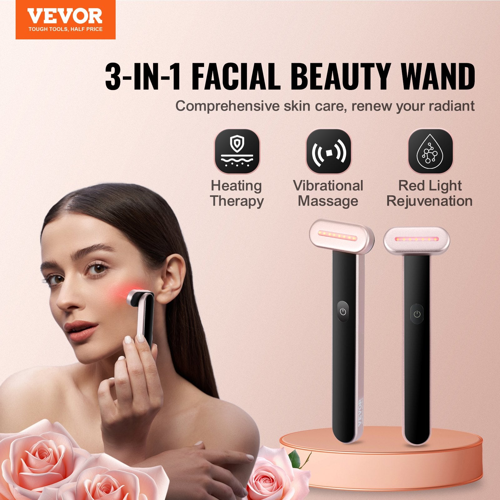 3-in-1 red light facial device arranged with skincare products