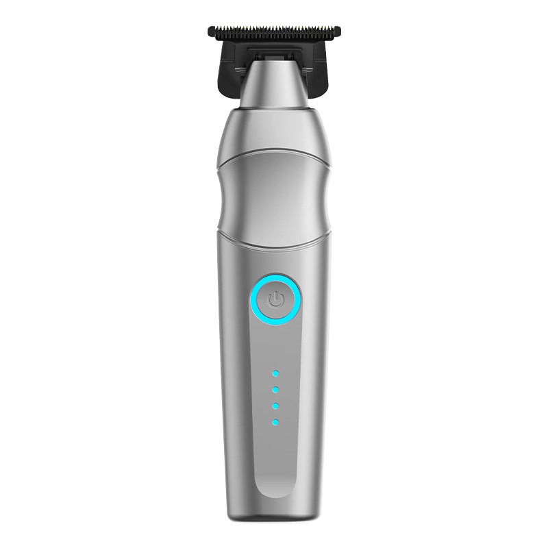 A head silver electric hair trimmer with a black cutting head and a glowing blue power button, shown against a plain white background.
