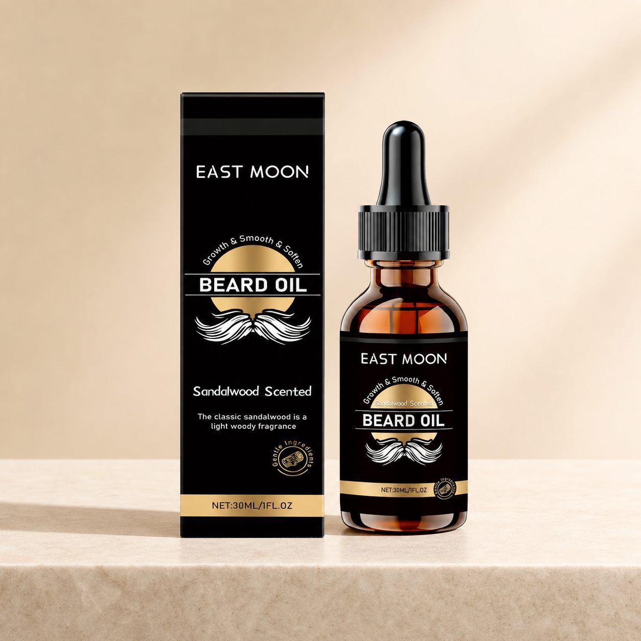 A bottle of EAST MOON Beard Oil next to its black packaging box, both featuring a black and gold design with a white mustache graphic, set on a beige stone surface against a matching beige background.