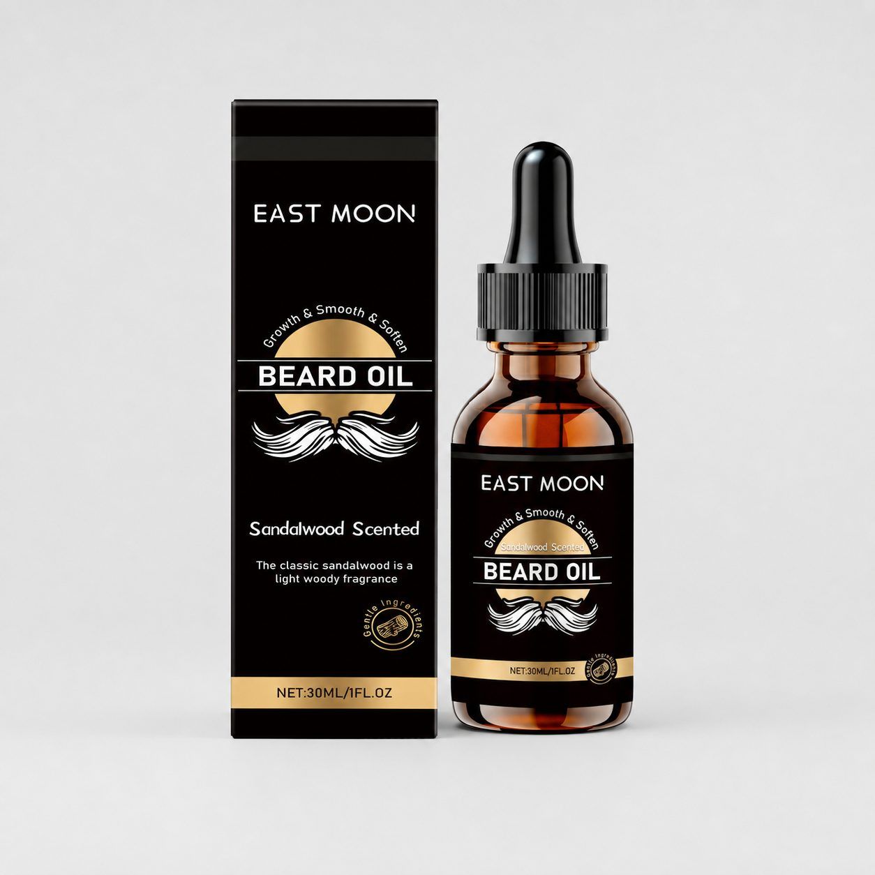 A bottle of East Moon Sandalwood Scented Beard Oil next to its black packaging box, displayed on a clean light gray background.