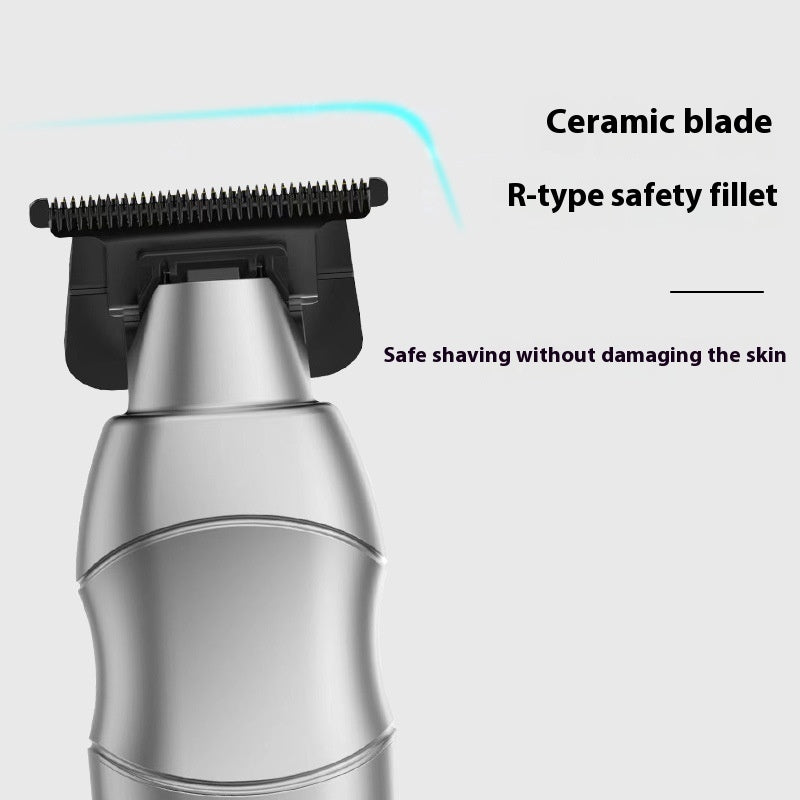 A close-up of a silver electric trimmer with a black ceramic blade attachment, shown on a light gray background with text highlighting 'Ceramic blade' and 'R-type safety fillet'.