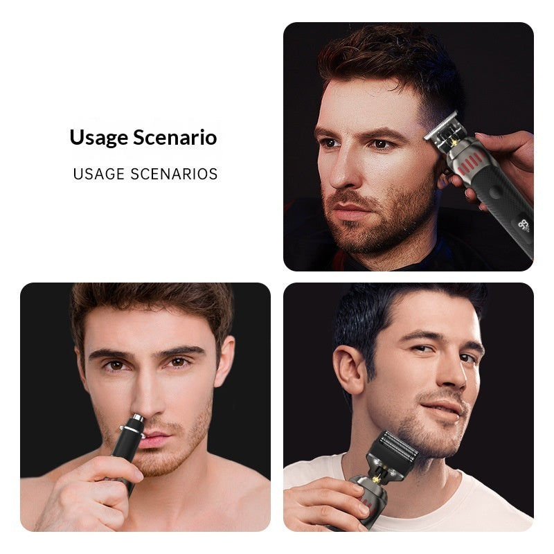 A collage showing a man using a black and silver beard trimmer in three usage scenarios against a black background, with the text 'Usage Scenario' on a white background in the top left.