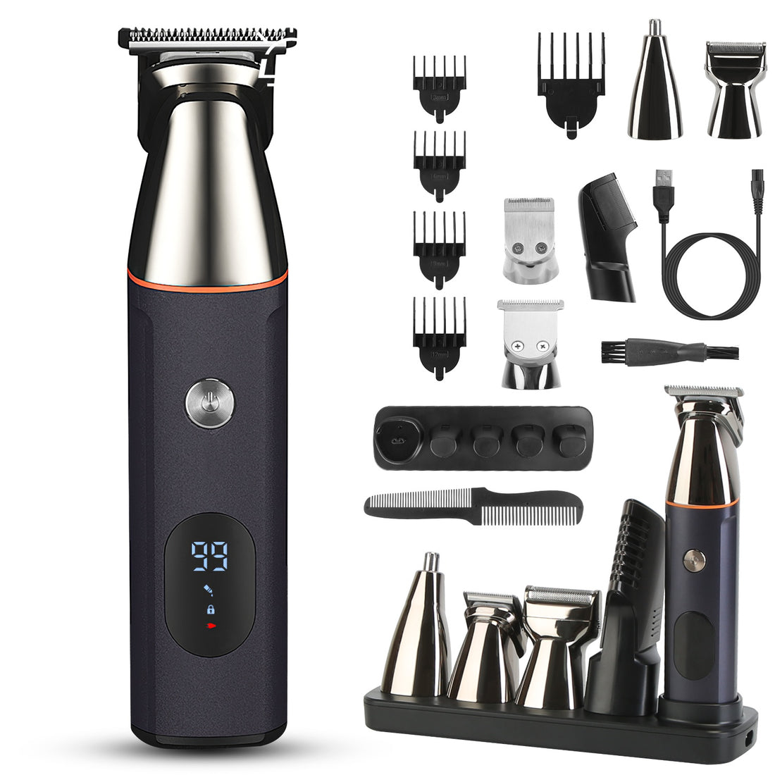 A cordless electric beard trimmer set shown on a clean white background, including the trimmer body, multiple guide combs, a comb, several attachment heads, a charging cable, a power bank, and a black storage tray.