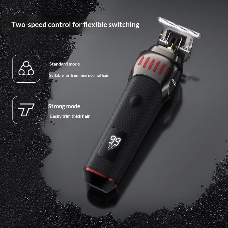 A cordless electric hair trimmer shown at an angle on a dark textured background with promotional text and mode icons. The trimmer has a black textured handle, silver metal head, and red accent details.
