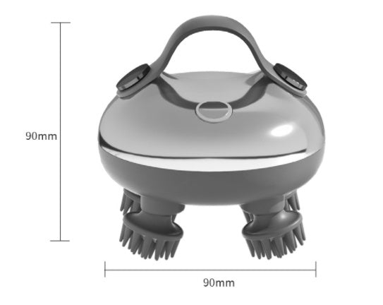 A gray and black handheld scalp massage device shown on a white background with dimension lines indicating 90mm height and 90mm width.