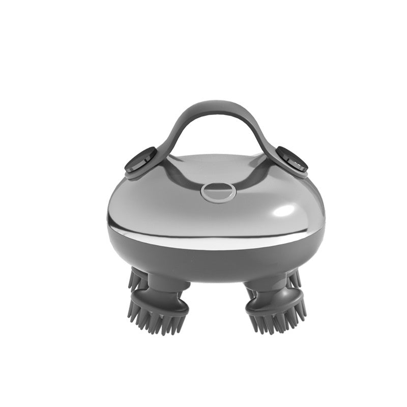 A gray and black handheld scalp massager with a rounded oval body, top carrying handle, and two massage bristles at the bottom, shown on a plain white background.