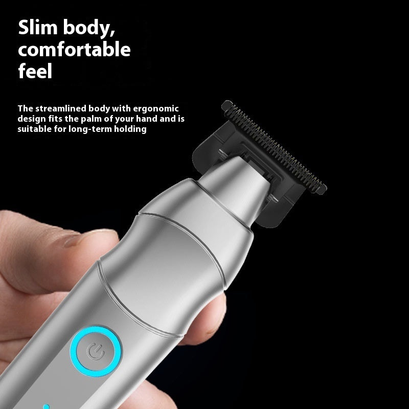 A handheld electric trimmer with a silver body and black cutting head, shown being held by a hand against a black background with marketing text on the left.