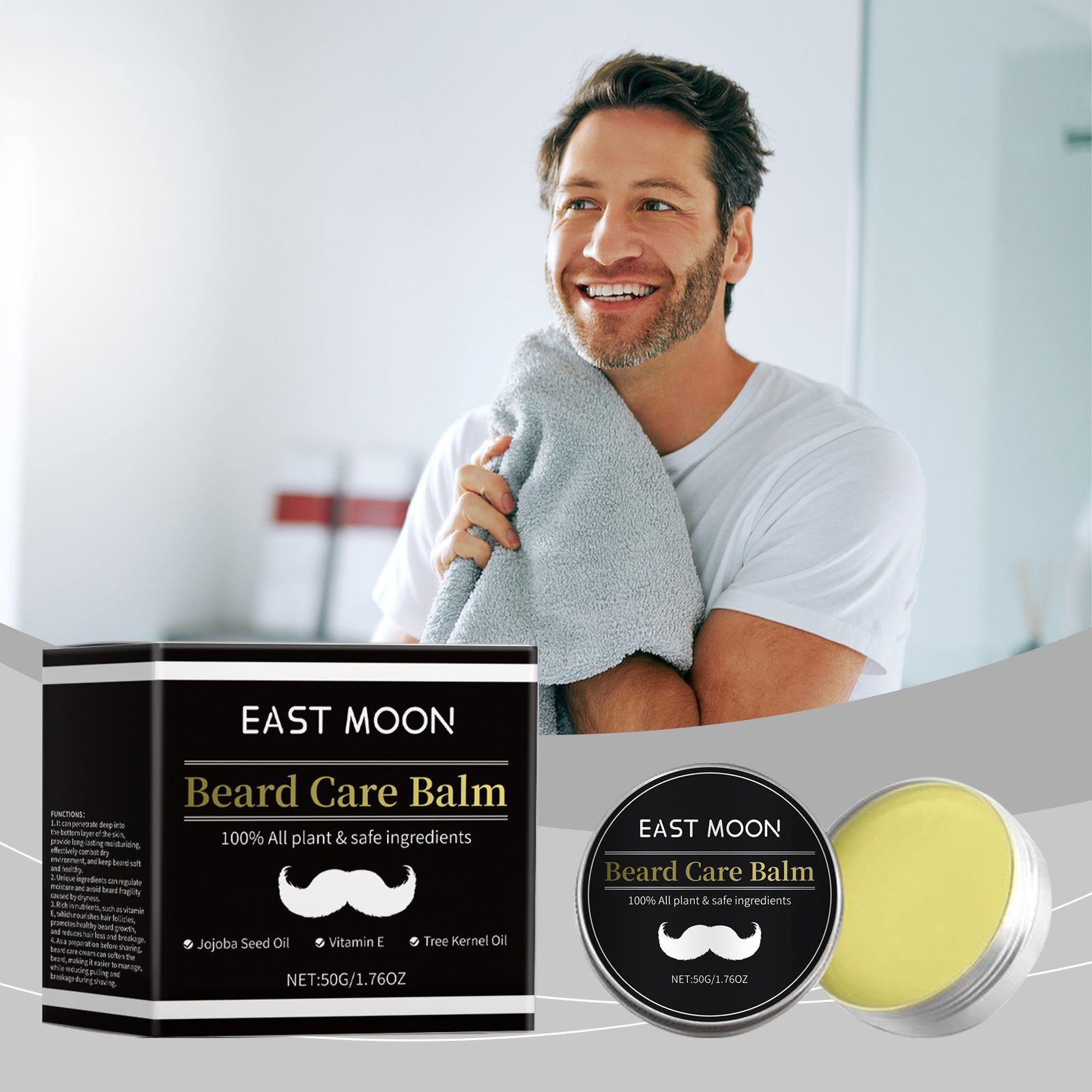 A man holding a gray towel in front of a bathroom-like background, with product packaging for East Moon Beard Care Balm shown in the foreground: a black box, a round tin lid, and an open tin revealing pale yellow balm.