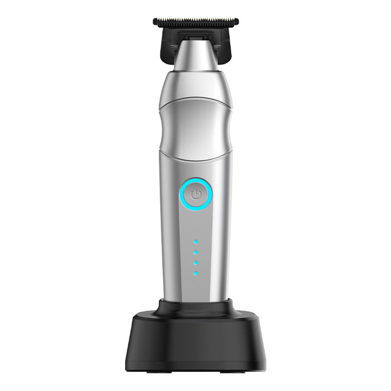 A silver and black cordless electric clipper with a matching charging base, shown on a solid white background.