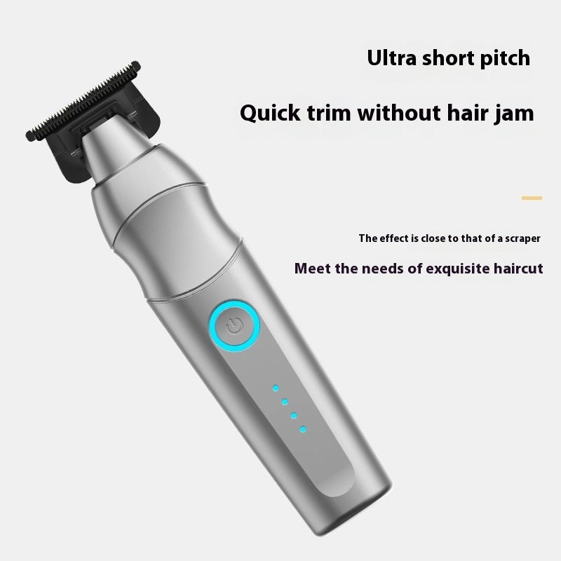 A silver electric hair trimmer with a black cutting head and a glowing blue power button, shown on a light gray background with promotional text.