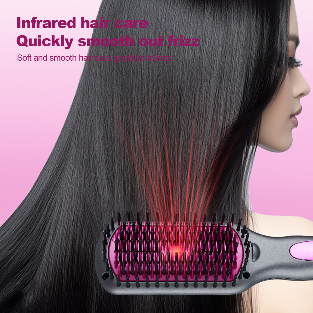 Adjustable temperature hair comb displayed beside hair care products