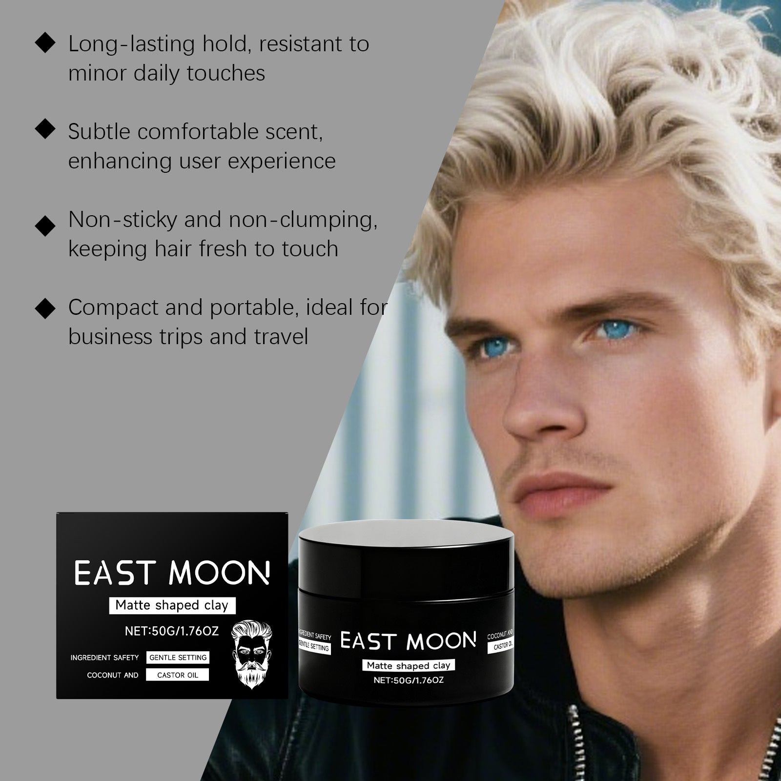 Advertisement for East Moon hair product with a model and product packaging.