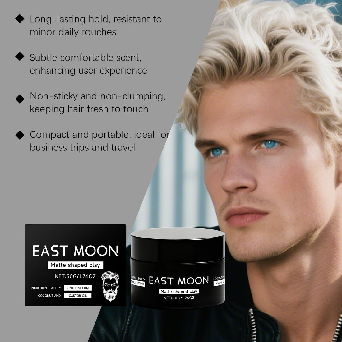 Advertisement for East Moon hair product with a model and product packaging.