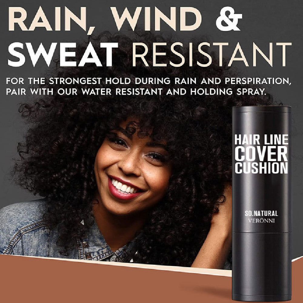 Advertisement for a hair product with a woman and a black container labeled 'Hair Line Cover Cushion' on a dark background.