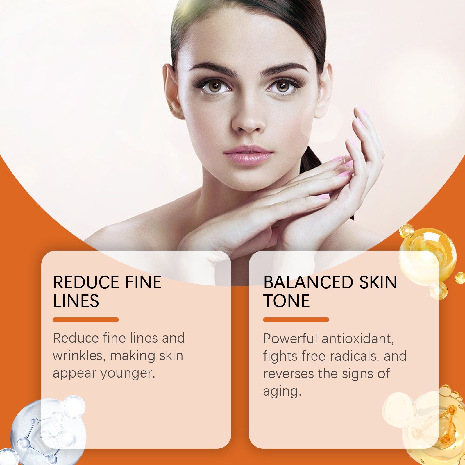 Advertisement for skincare product with a woman's face and text about fine lines and balanced skin tone.