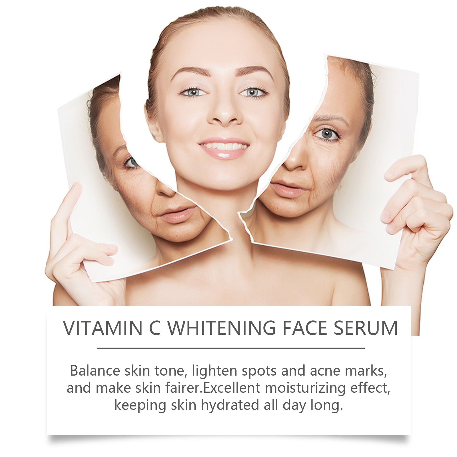 Advertisement for vitamin C whitening face serum showing a woman's face with before and after effects.