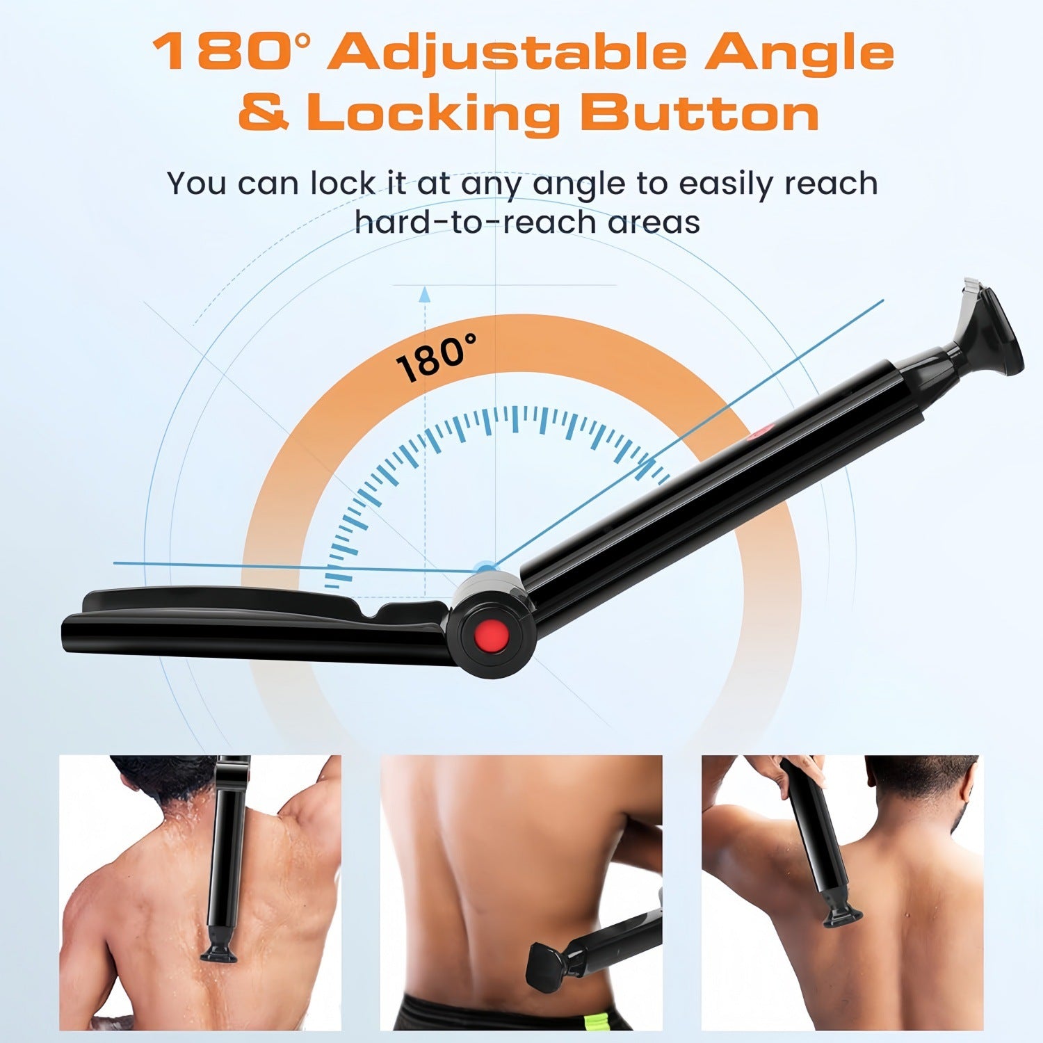 An adjustable back massager shown with marketing text reading '180° Adjustable Angle & Locking Button' and three small inset photos of a person's upper back using the device.