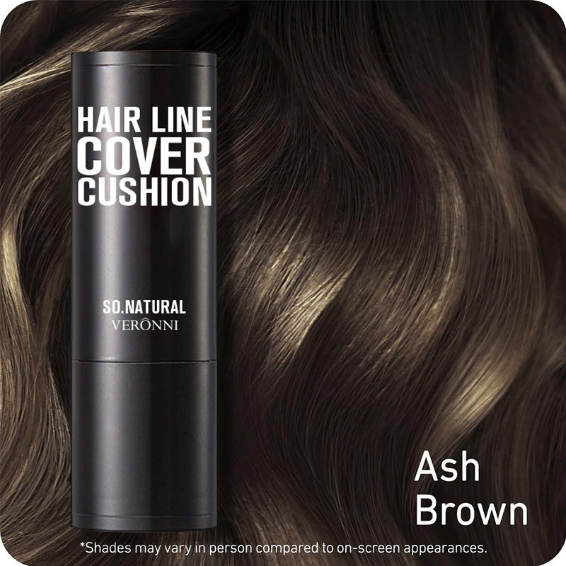 Hair line cover cushion with 'Ash Brown' text on a brown hair background