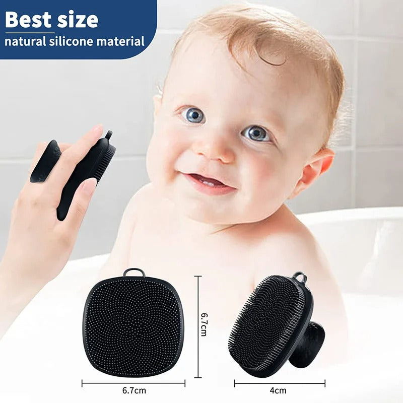 Baby with a black silicone brush and its dimensions displayed
