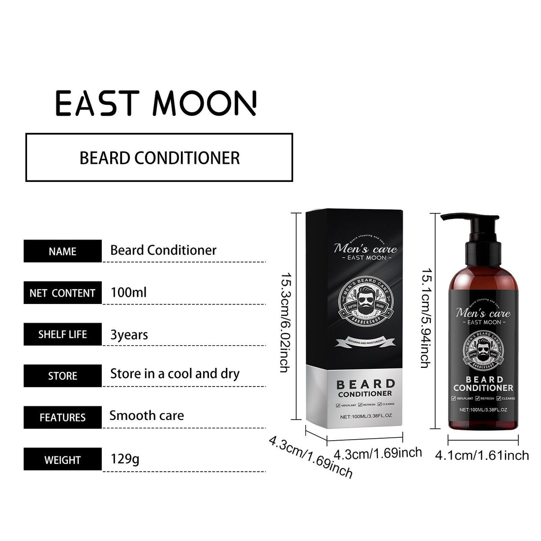 Beard Conditioner product information graphic for EAST MOON, showing the retail box, pump bottle, dimensions, net content, shelf life, storage instructions, features, and weight on a white background.