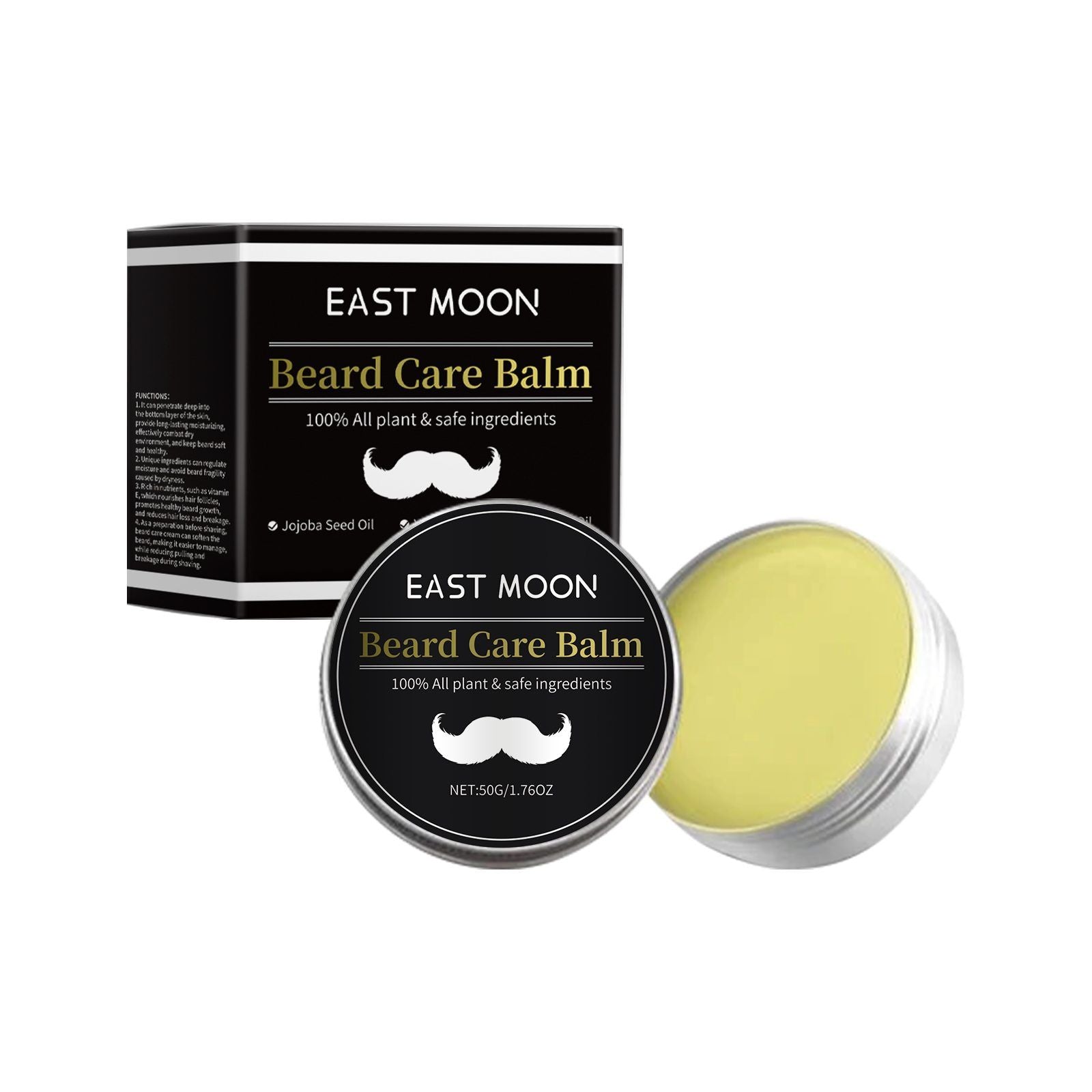 East Moon beard care balm with packaging on a white background