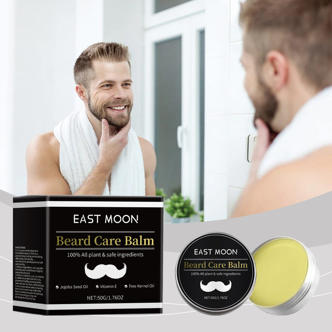 Beard care balm packaging with a man looking at himself in the mirror.