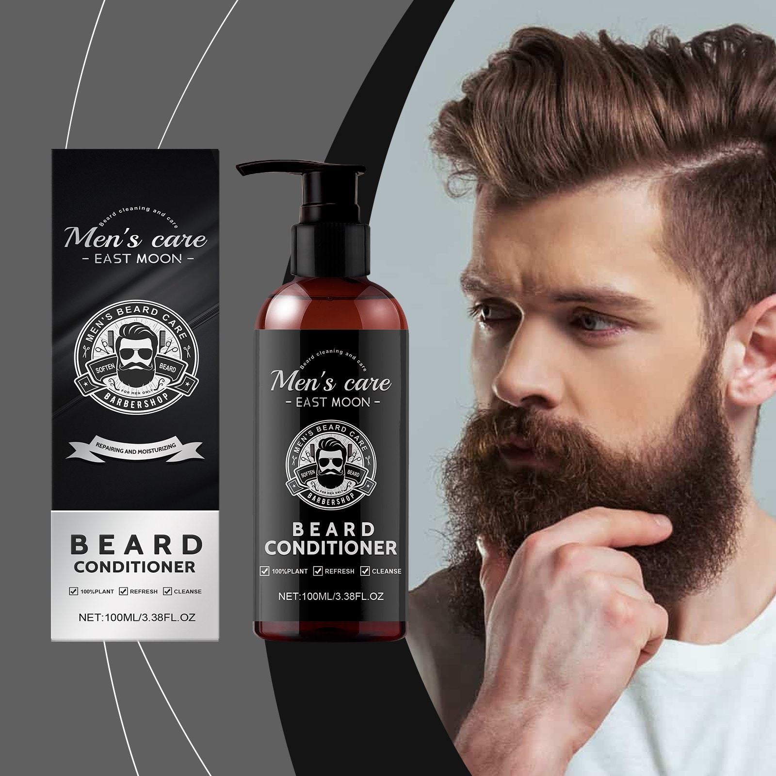 Beard conditioner bottle and box shown beside a bearded man in a studio-style composite. The product packaging is black with white text and a circular beard illustration, and the bottle is amber-brown with a black pump.