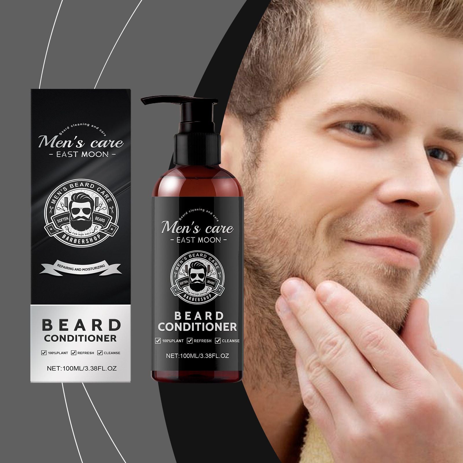 Beard conditioner bottle and box shown beside a man touching his beard, on a dark gray background. The product label reads 'Men's care - EAST MOON' and 'BEARD CONDITIONER'.