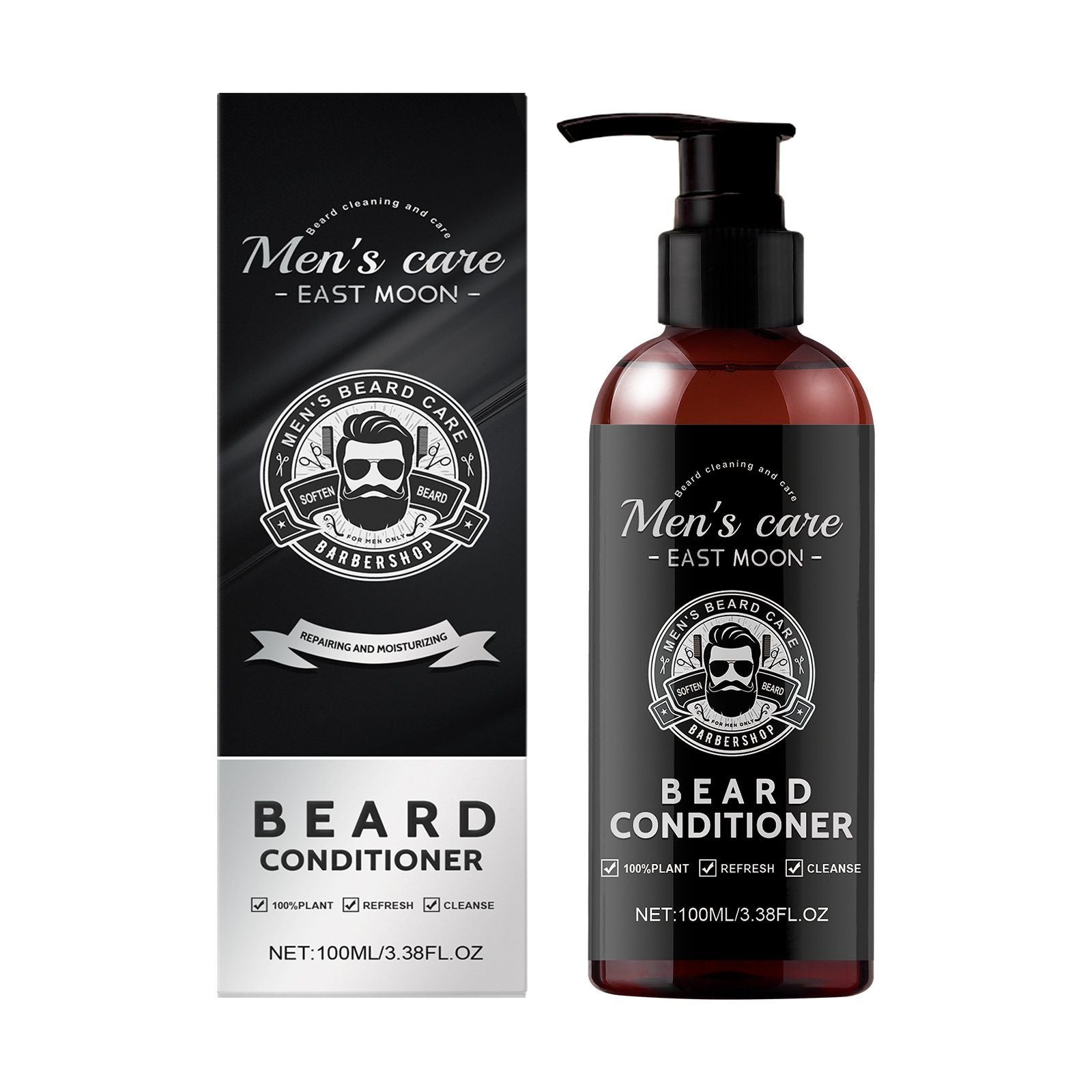 Beard conditioner bottle and its retail box from Men's care - East Moon, featuring a black and white design with a dark amber bottle and black pump dispenser.