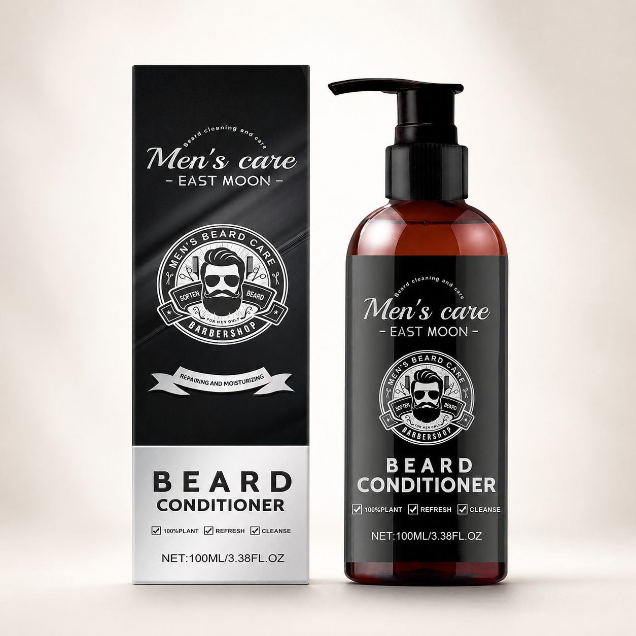 Beard conditioner bottle and matching retail box on a light beige background. The bottle is amber-brown with a black pump and black label, and the box is black with a silver lower section.