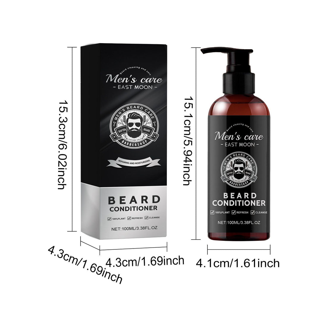 Beard conditioner packaging with dimensions on a white background