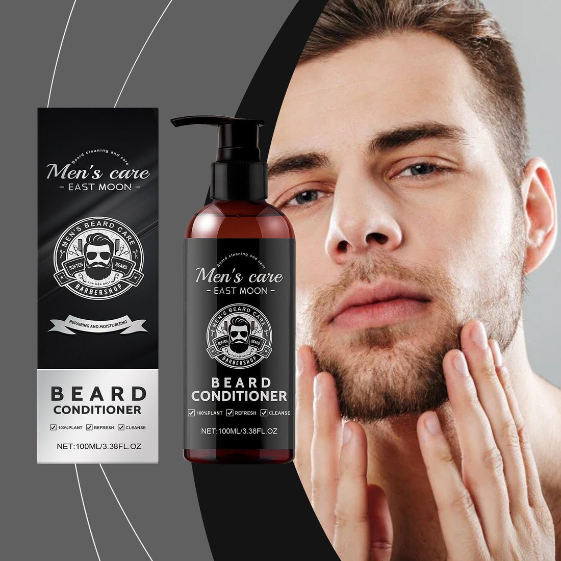 Beard conditioner product with a man touching his beard and East Moon branding.