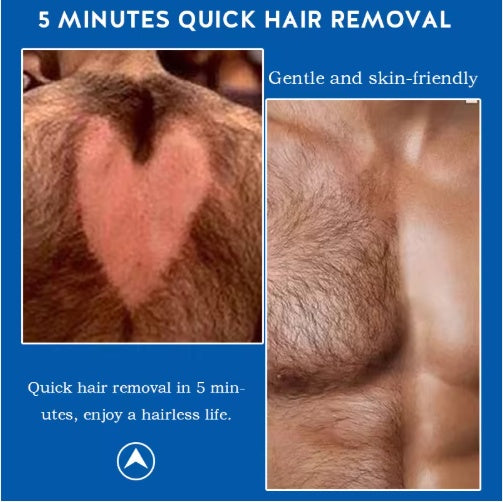 Before and after comparison of hair removal with text about quick hair removal in 5 minutes.