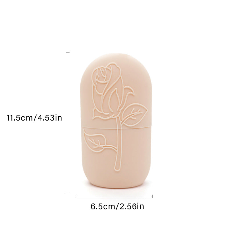 Beige container with rose design and measurements on a white background