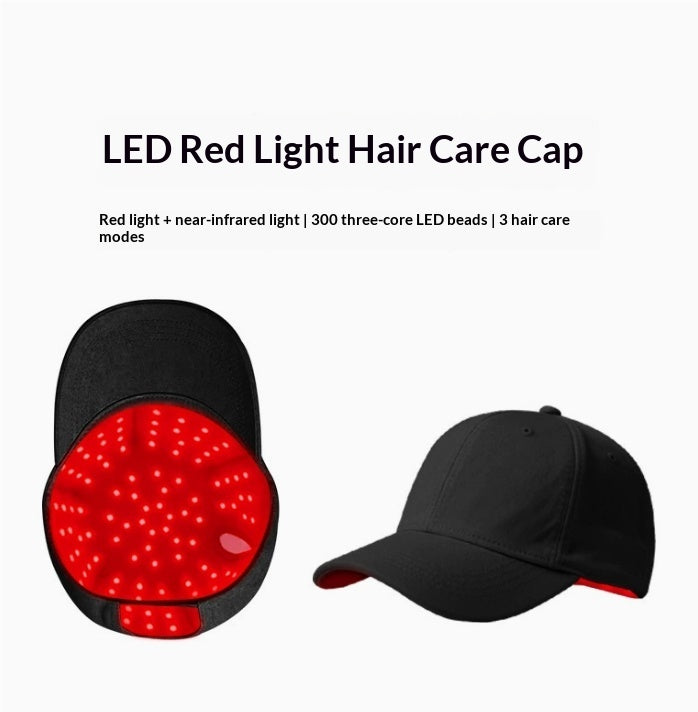 Black LED red light hair care cap with red light panel on a white background