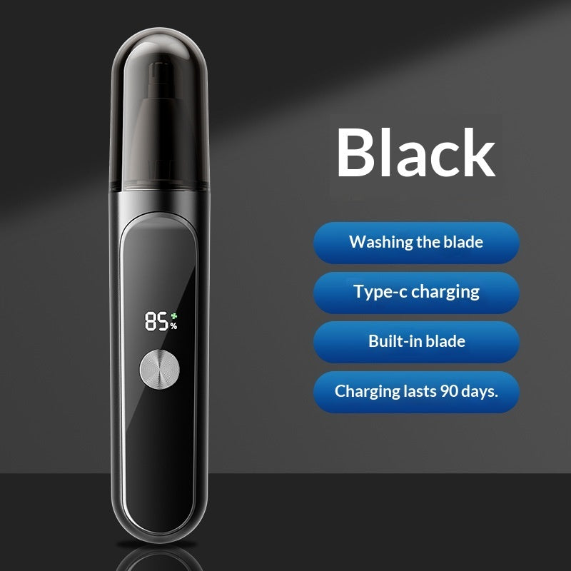 Black electric shaver with features listed on a dark background