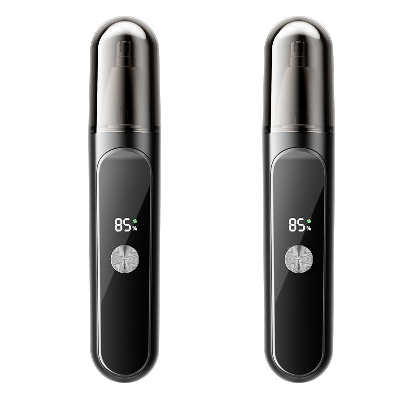 Two identical sleek black electronic personal care devices with glossy finishes, shown side by side on a plain white background. Each device has a small digital display reading 85% and a circular silver button.
