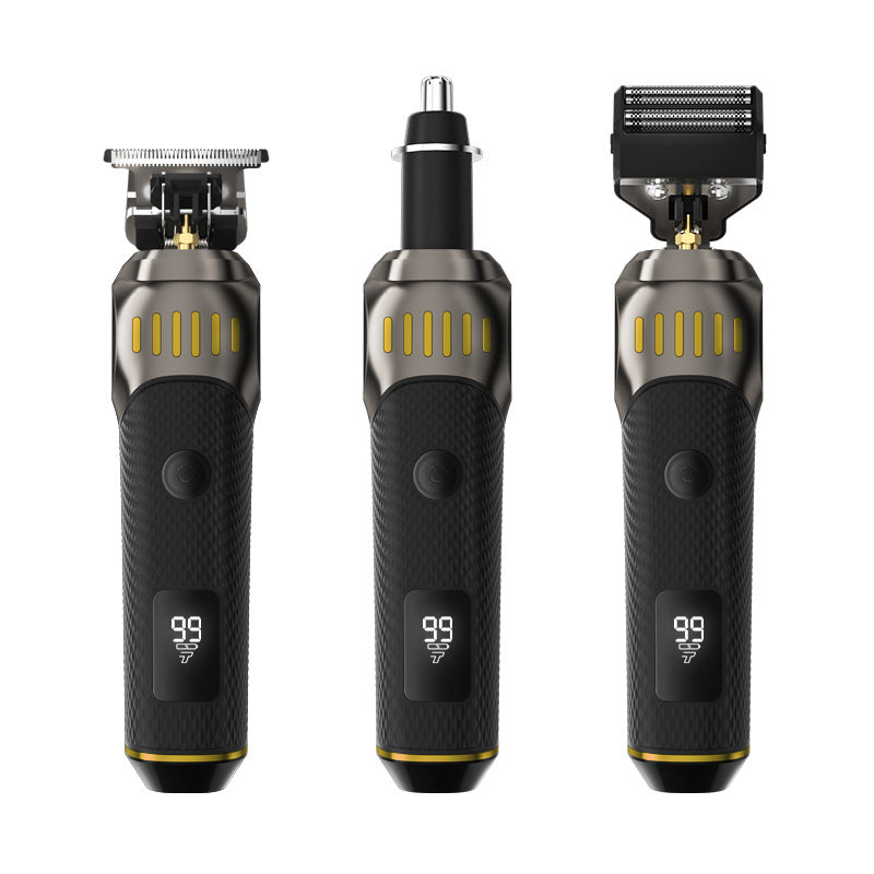 Three grooming tools with black and red design on a white background