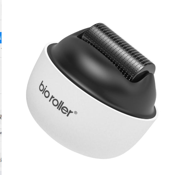 Black and white derma roller with 'bioroller' branding on a white background