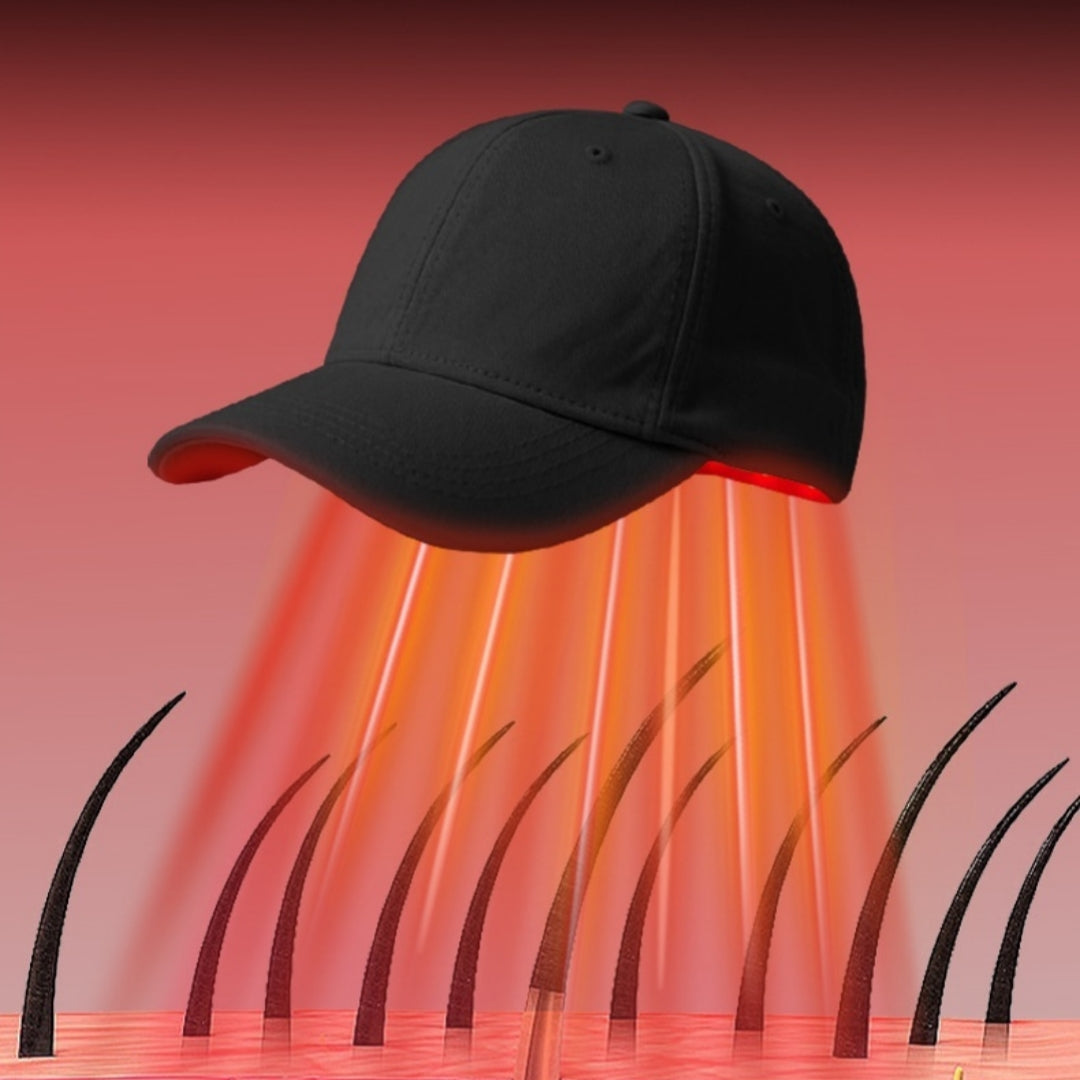Black cap with glowing red light on a pink background