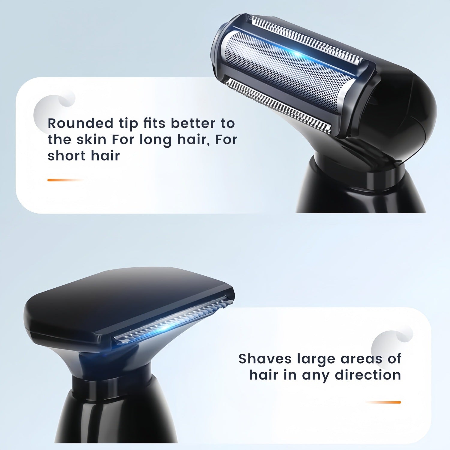 Black electric shaver head shown in two views with marketing text: one close-up of the rounded shaving edge and one angled view showing the cutting surface, on a pale blue background with white callout boxes and text describing hair length and shaving coverage.