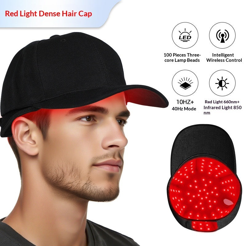 Black hair cap with red light feature on a white background