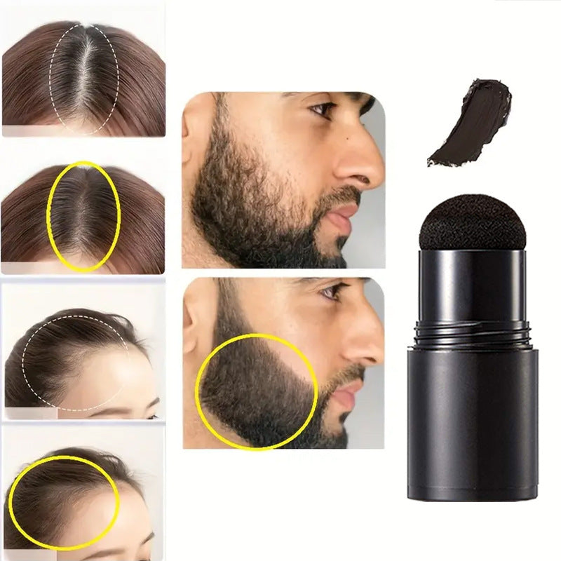 Black hair dye stick with close-up images of hair and face, showing application.