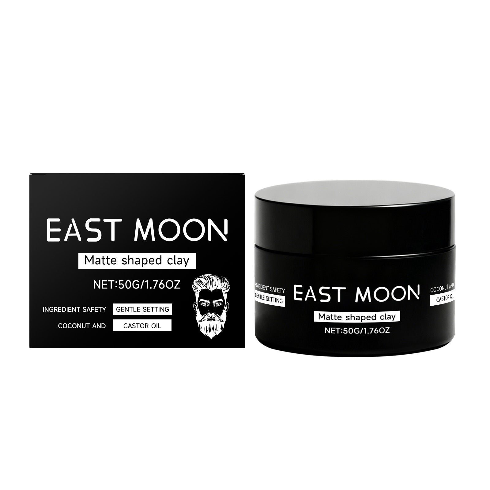 Black jar and packaging of East Moon matte shaped clay on a white background