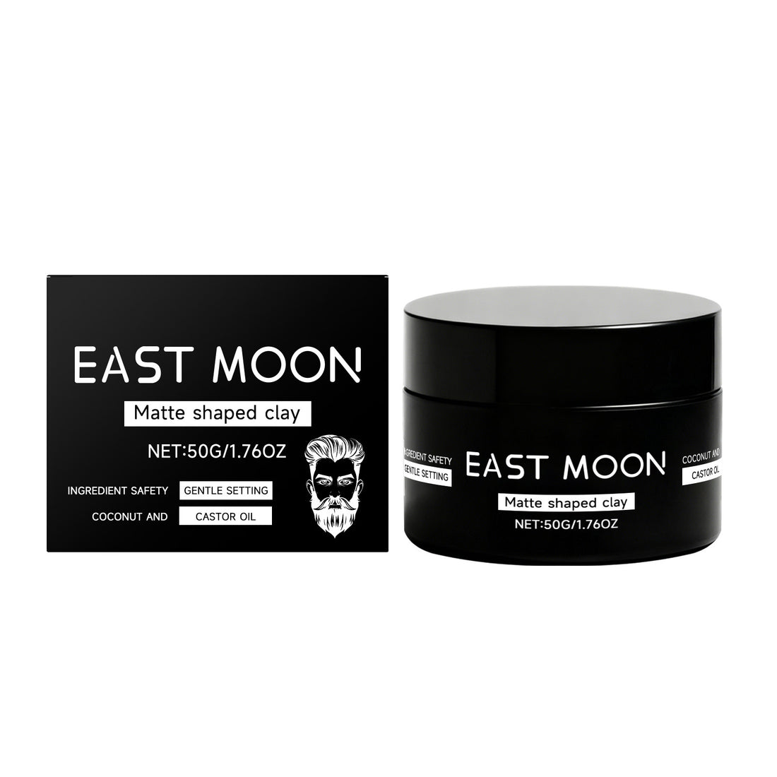Black jar and packaging of East Moon matte shaped clay on a white background