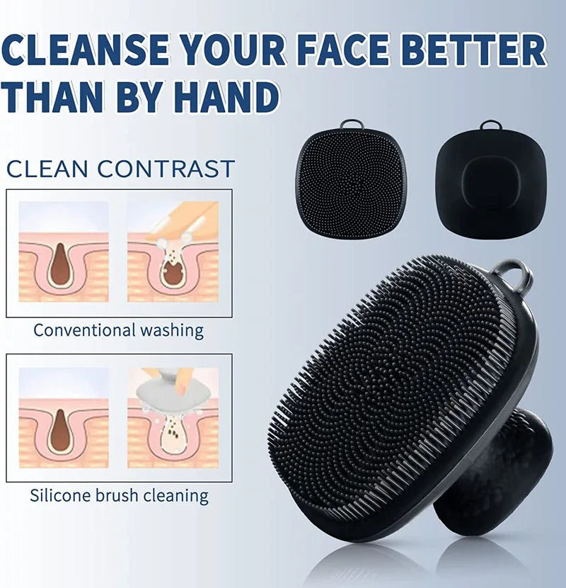 Black silicone face cleaning brush with cleaning contrast illustrations on a light blue background