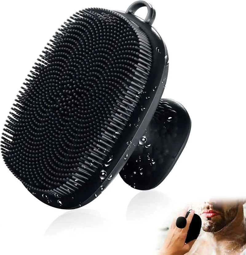 Black silicone scalp massage brush with dense bristles and a suction cup base, shown on a white background with a small inset photo of a man using it.