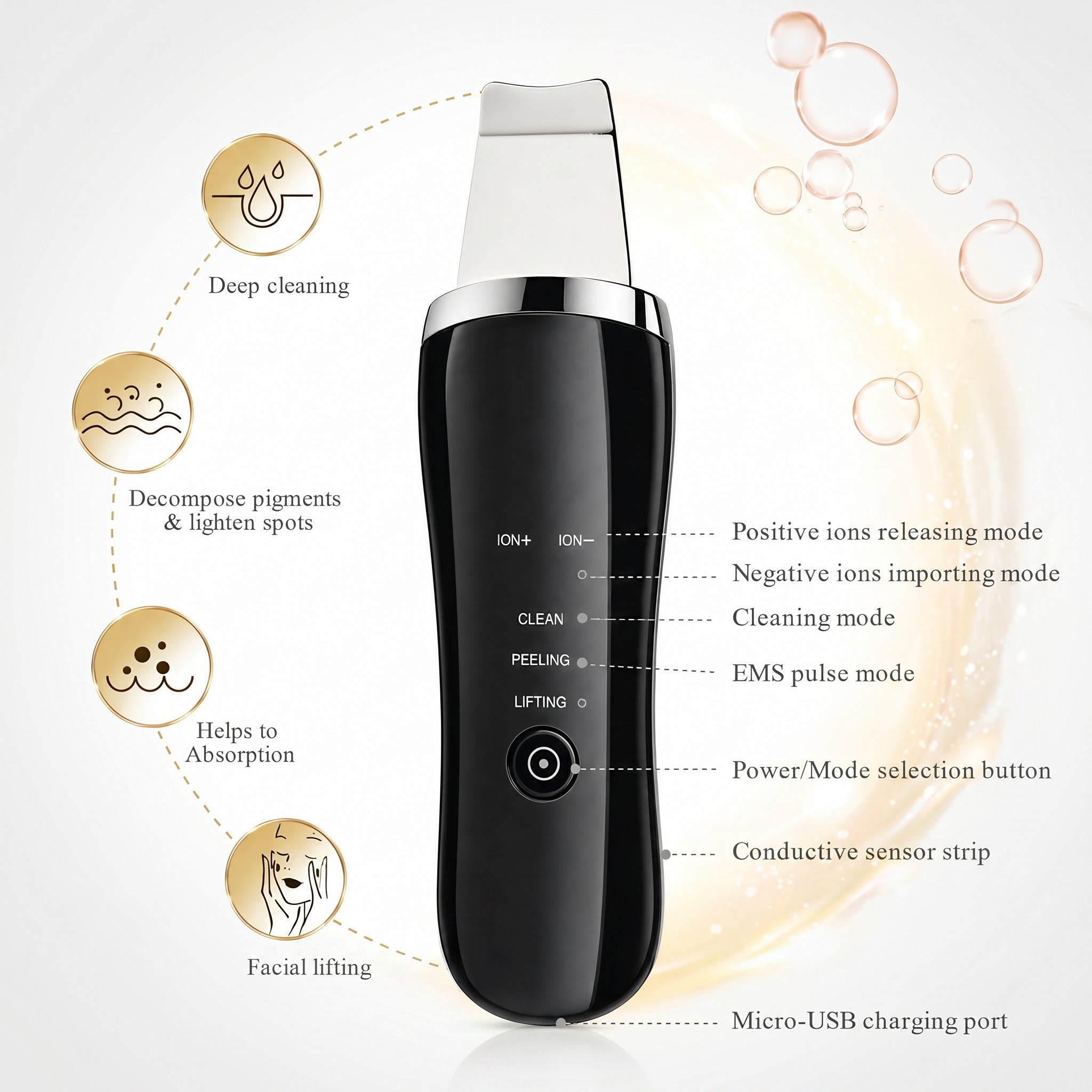 Black skincare device with features and modes displayed on a light background