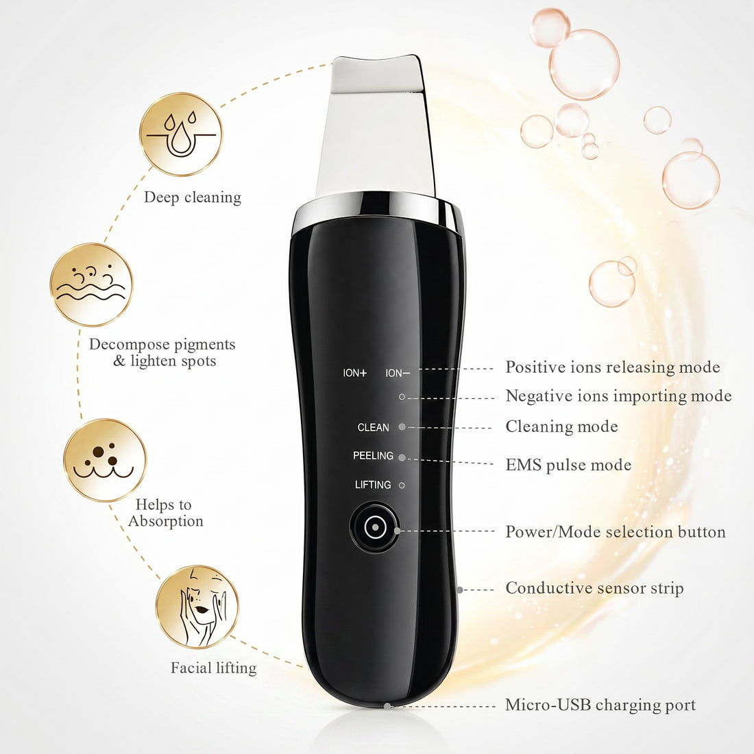 Black skincare device with features and modes displayed on a light background