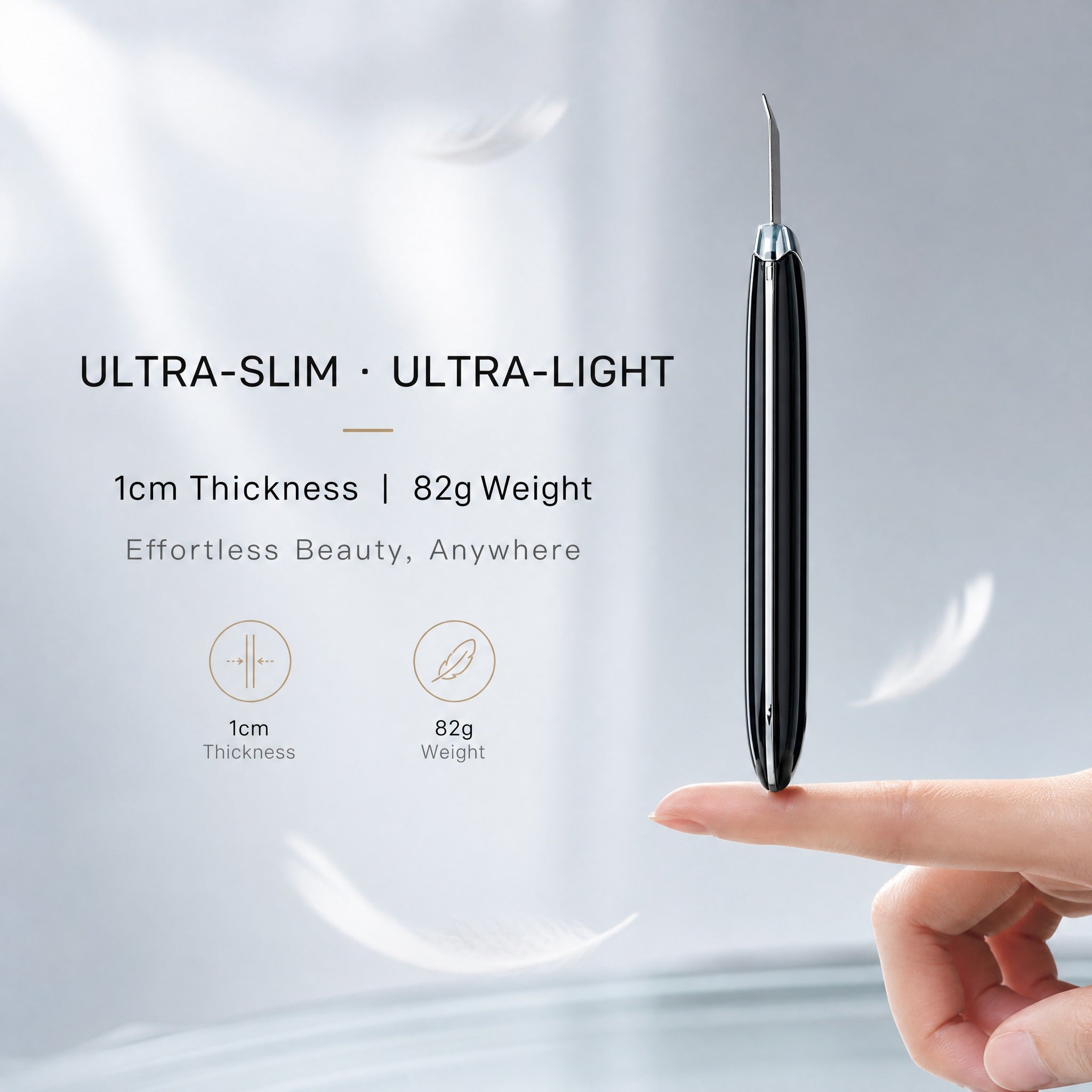 Black tool held by a hand with text about its ultra-slim and ultra-light design on a gray background.